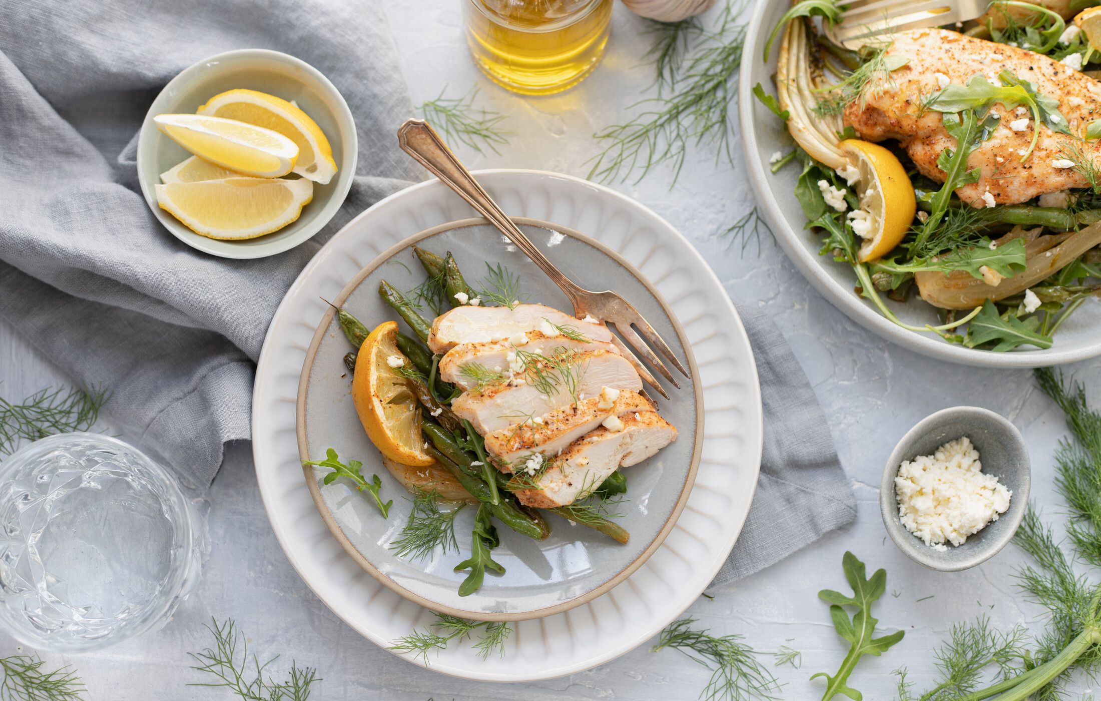 Lemony Sheet Pan Chicken with Fennel, Green Beans, and Arugula